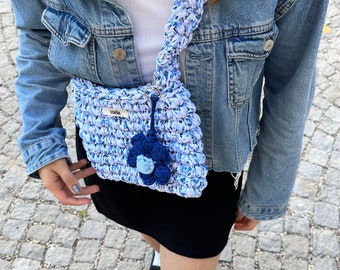 Personalized Crochet Shoulder Bag, Custom Charm Hand Woven Recycled Rope Bag, Handmade Knitted Bag, Bohemian Women's Bag