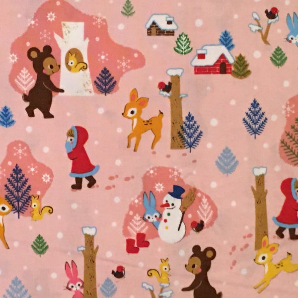 Winter Wonderland In Lt Pink Kawaii Children Winter Snow by Cosmo Textiles Japan 100% cotton , RARE, OOP - Fat Quarter