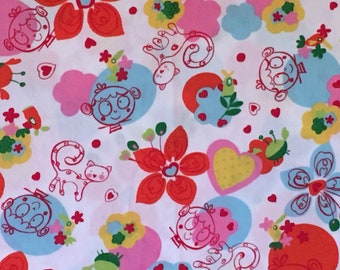 Cute Cats Children Crabs Birds Flowers Kawaii Cats Children Flowers Fabric from Japan UK Europe - 100% ctn , RARE OOP - 1/2 yd