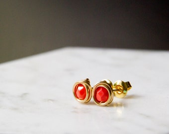 Petite Faceted Coral Stud Earrings - Gold Wire Wrapped Earrings