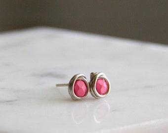 Bubble Gum Pink Tiny Little Stud Earrings - Small Beaded Earrings Wire Wrapped in Silver