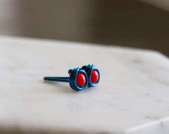 Tiny Red Round Beaded Stud Earrings Wrapped in Blue Wire - Patriotic Jewelry