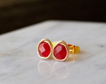 Juicy Red Frosted Bead Earrings - Wire Wrapped Studs in Gold