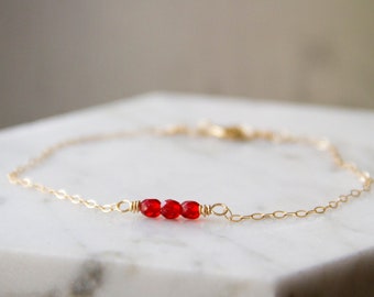 Tiny Ruby Red Beaded Bracelet Wire Wrapped in 14k Gold Fill - Czech Glass