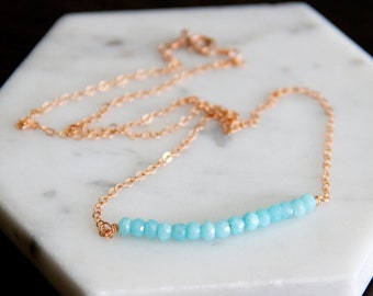 Sky Blue Chalcedony Gemstone Bar Necklace on a Rose Gold Fill Chain