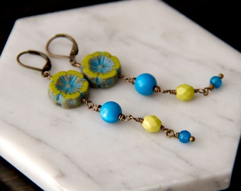 Colorful Floral Earrings with Chartreuse and Blue in Antiqued Brass