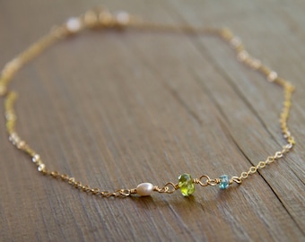 Tiny Beaded Birthstone Necklace - Mother's or Grandmother's Necklace in 14k Gold Fill