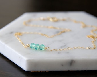 Tiny Minimalist Necklace with Three Small Czech Glass Beads in Teal Blue and 14k Gold Fill