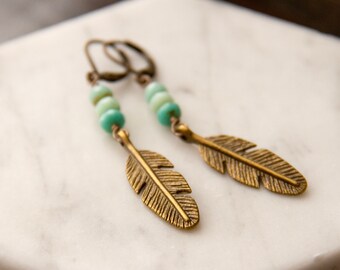 Bronze Dangle Earrings with Teal Blue Beads and a Bronze Feather Charm