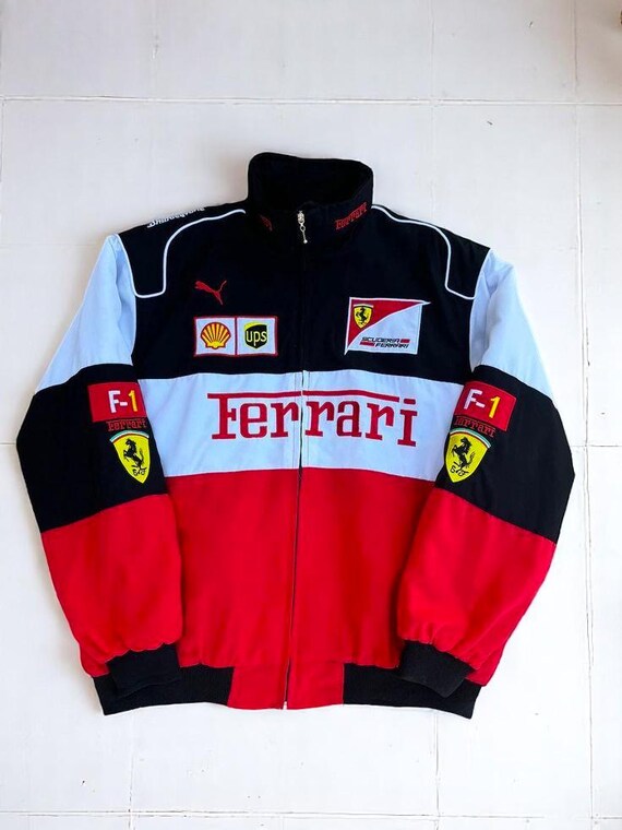 Veste En Cuir De Vache Ferrari F1 Racing Brodée - Neuf Avec étiquettes, Noir Et Jaune
