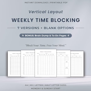 Könnte beinhalten: Digitaler Download eines Wochenplaners für die Zeitblockung im vertikalen Layout. Enthält sieben Versionen und leere Optionen, mit Bonus-Brainstorming- und To-Do-Seiten. Der Text enthält "Weekly Time Blocking" und das Zitat "Block Your Time. Free Your Mind."