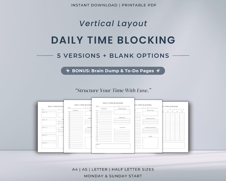 Daily Time Blocking Set | Printable Hourly Planner | Bonus Brain Dump ...