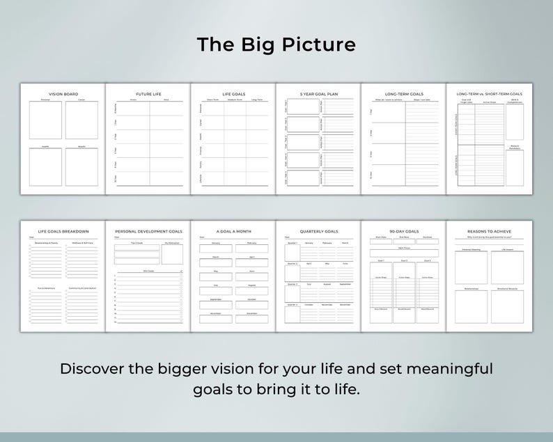Printable planner page example – Long Term vs. Short Term Goals, Life Goals Breakdown, Quarterly Goals, 90 Day Goals, 5 Year Goal Plan. Designed to help you stay organized, productive, and motivated. Printable PDF, instant digital download planner.