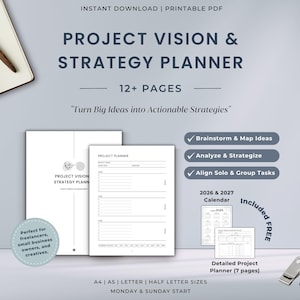 Op de afbeelding: Een printbaar PDF-bestand voor een projectvisie- en strategieplanner met meer dan 12 pagina's. Het bevat een voorpagina, een sjabloon voor projectplanning met lijnen voor naam, datum en taken, en kalenders voor 2026 en 2027 in diverse formaten.