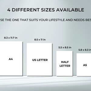 Printable planner available in 4 popular sizes – A4, US Letter, Half Letter, and A5. High-quality PDF templates designed for easy printing and organizing. Perfect digital download for planners and journals.