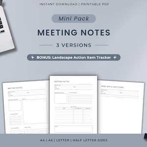 Printable Meeting Notes Pack | Mind Map & Sketching | Meeting Agenda | Bonus Landscape Action Item Tracker | Business Planner
