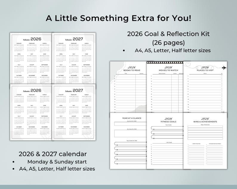 Bonus printable planner templates included – 2026 & 2027 Calendar, Books to Read, Movies to Watch, Yearly Reflection. Printable PDF, instant digital download for personal growth and productivity.