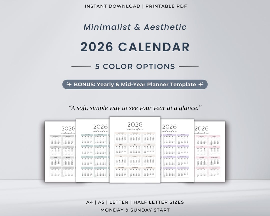 Minimalist 2026 Calendar | Printable Year at A Glance | Bonus Yearly ...