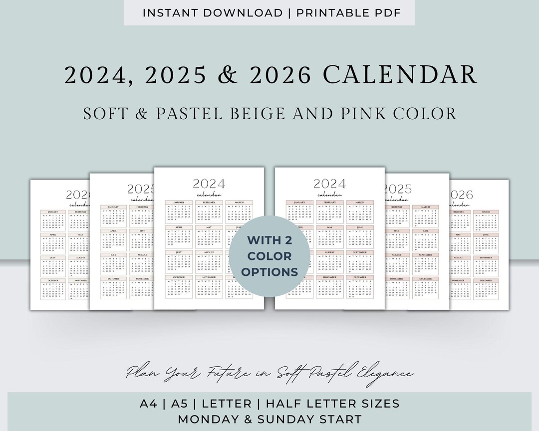 Minimalist 2024, 2025 & 2026 Calendar, Soft Beige and Pink Printable Minimalist 2024, 2025 & 2026 Calendar, Soft Beige and Pink Printable
