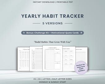 Yearly Habit Tracker Set | Printable A Year In Pixels PDF | Bonus 21, 30, 60, 75 & 100 Day Challenge Templates