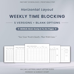 Op de afbeelding: Printbare PDF voor wekelijkse tijdsblokkering in een horizontale lay-out. Beschikt over vijf versies en blanco opties, met bonus brainstorm- en to-do pagina's. De tekst luidt "See Your Week Clearly. Plan With Ease." Beschikbaar in A4, A5, Letter en half-letter formaten.