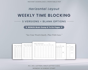 Bloqueo de tiempo semanal horizontal / Programa semanal por hora / Volcado de ideas adicional y lista de tareas pendientes