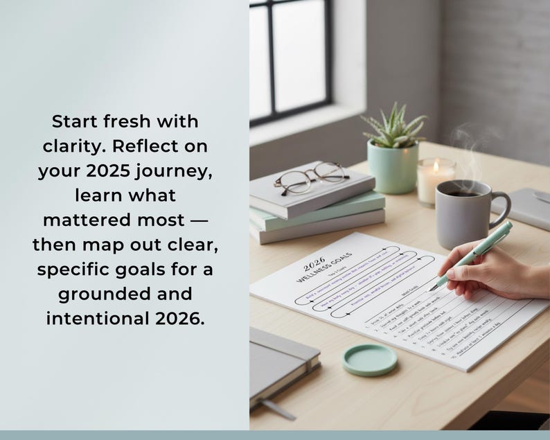 Bonus 2026 Goal & Reflection Kit (26 pages). Start fresh with clarity. Reflect on your 2025 journey, learn what mattered most — then map out clear, specific goals for a grounded and intentional 2026.