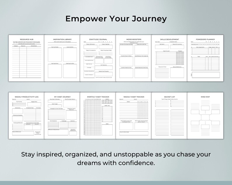 Printable planner insert – Gratitude Journal, Skills Development, Habit Tracker, My Habit Journey. Designed to boost mindfulness and positivity. Instant digital download, printable PDF planner.