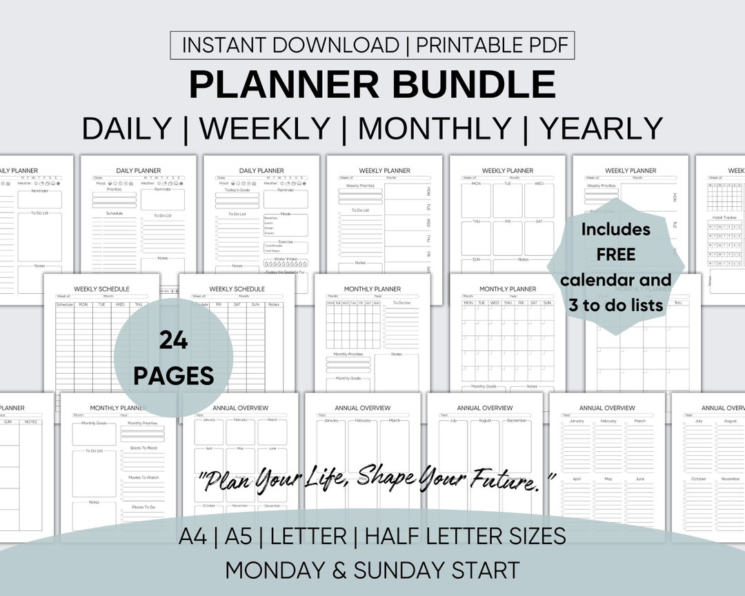 Daily Weekly Monthly Yearly Printable Planner Bundle, Minimal Undated ...