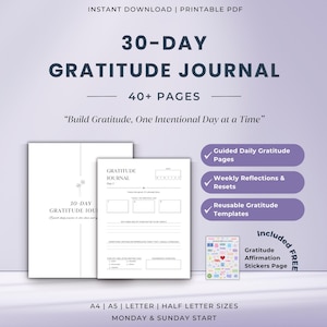 Könnte beinhalten: Ein 30-Tage-Dankbarkeitstagebuch als PDF zum Sofort-Download mit über 40 Seiten. Es enthält geführte tägliche Dankbarkeitsseiten, wöchentliche Reflexionen und wiederverwendbare Dankbarkeitsvorlagen. Eine Seite mit Dankbarkeits-Affirmationsaufklebern ist ebenfalls enthalten.