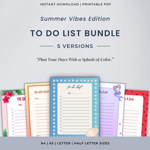May include: A collection of five colourful to-do list templates with summer themes. The templates feature floral, mermaid, and nautical designs. The text reads "Summer Vibes Edition" and "Plan Your Days With a Splash of Colour."