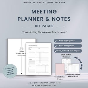 Könnte beinhalten: Ein druckbarer PDF-Meetingplaner mit dem Titel "MEETING PLANNER & NOTES" und dem Slogan "Verwandeln Sie Meeting-Chaos in klare Aktionen." Enthält 3 Meeting-Layouts, Notizvorlagen, Raster-, Linien- und Punktrasterseiten.