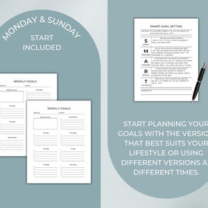 Printable Ultimate Goal Planner – includes both Monday start and Sunday start versions. Start planning your goals with the version that fits your lifestyle. Instant digital download, printable planner PDF.