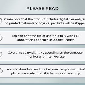Important notes for printable planner – digital product only, no physical item shipped. Print at home or at your local print shop. Colors may vary slightly depending on your monitor or printer. For personal use only, instant digital download.