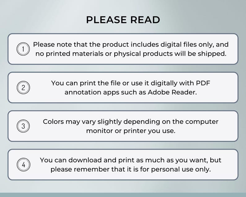Important notes for printable planner – digital product only, no physical item shipped. Print at home or at your local print shop. Colors may vary slightly depending on your monitor or printer. For personal use only, instant digital download.