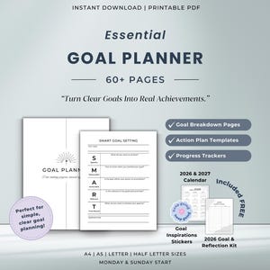 Essential Goal Planner Printable Bundle | SMART Goal Setting | Bonus Quote Stickers | New Year Resolution
