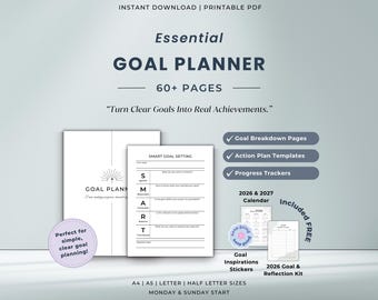 Essential Goal Planner Printable Bundle | SMART Goal Setting | Bonus Quote Stickers | New Year Resolution