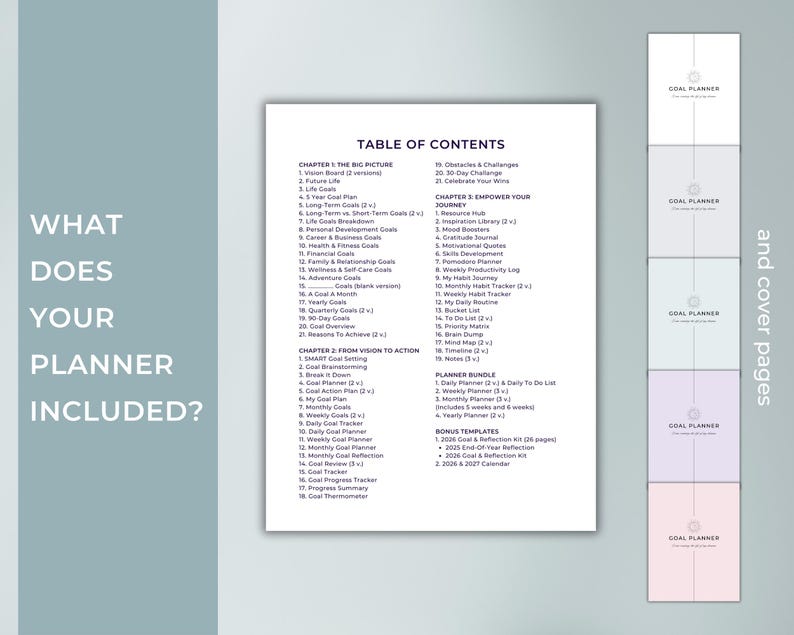 Inside the Ultimate Goal Planner – includes goal-setting pages, vision board, monthly goal planner, habit tracker, and weekly planner templates. Some pages come in multiple versions. Printable PDF, instant digital download.