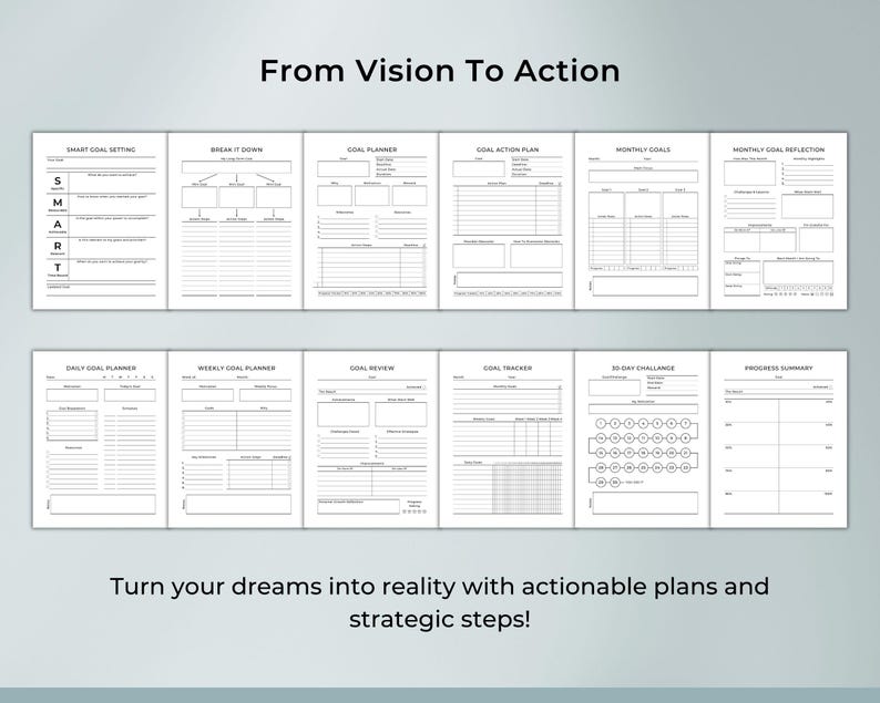 Printable planner template – Goal Planner, Goal Action Plan, Monthly Goals, Weekly Goal Planner, Goal Review, Goal Tracker. Perfect for tracking habits, goals, and routines. Printable PDF for personal use, instant download.