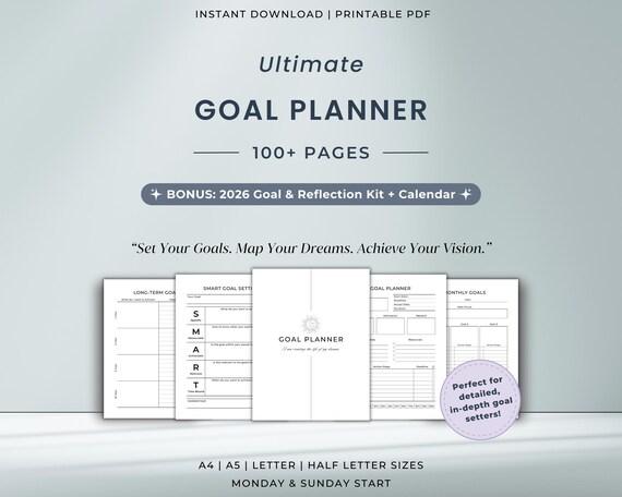 Ultimate Goal Planner Printable Bundle | SMART Goal Setting & Progress Tracker | Bonus 2026 Vision Kit