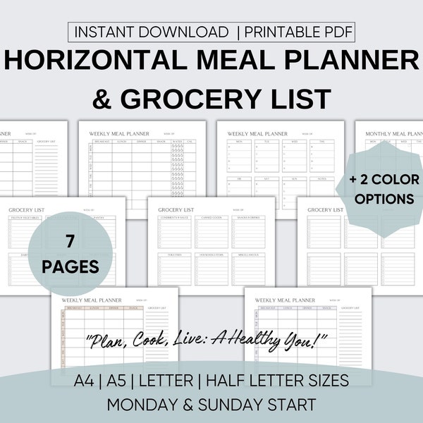 Horizontaler wöchentlicher Essensplaner mit druckbarer Einkaufsliste und monatlichem Menüplan, Soft-Color-Kalorien-Tracker, Ernährungstagebuch, Wellness-Planer