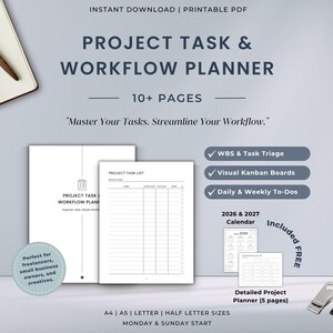 Peut inclure: Un planificateur de tâches et de flux de travail numérique en PDF imprimable de plus de 10 pages, incluant WBS, tri de tâches, tableaux Kanban visuels, listes de choses à faire et calendriers 2026 et 2027. Formats A4, A5, lettre et demi-lettre.