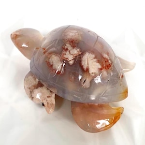 Pink Flower Agate Turtle Crystal Carving