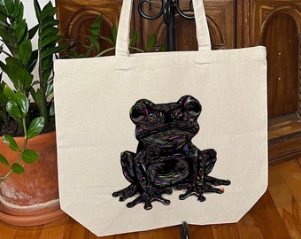 Psychedelic Frog Tote bag, Big grocery bag, Cotton shopping bag, Multi-colored beach bag, Reusable bag, Witchy eco-friendly bag