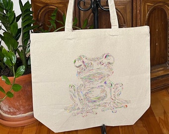 Psychedelic Frog Tote bag, Big grocery bag, Cotton shopping bag, Multi-colored beach bag, Reusable bag, Witchy eco-friendly bag