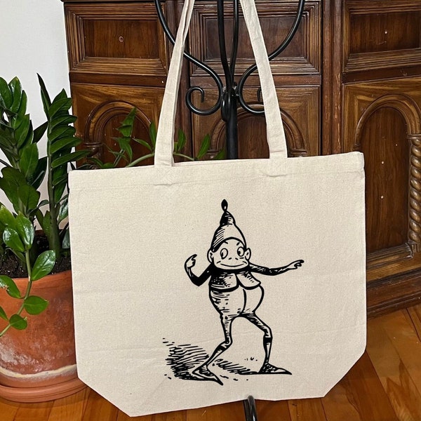 Quirky character Tote bag, Big grocery bag, Cotton shopping bag, Cute beach bag, Vintage drawing reusable bag, Witchy eco-friendly bag