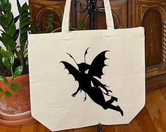 Fairy Tote bag, Big grocery bag, Cotton shopping bag, Cottage core beach bag, Black drawing reusable bag, Witchy eco-friendly bag