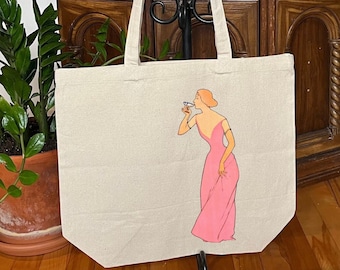 Vintage Woman Tote bag, Cotton shopping bag, Cottage core beach bag, Cocktail in hand girl reusable bag, Witchy eco-friendly bag