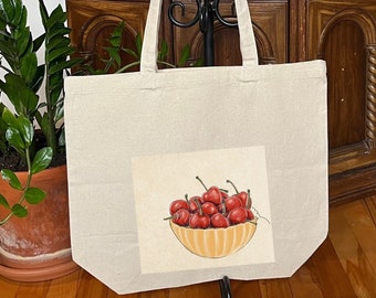 Cherry Tote tas, grote boodschappentas, katoenen boodschappentas, fruit strandtas, vintage tekening herbruikbare tas, Witchy milieuvriendelijke tas