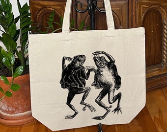 Dansende pad Tote tas, grote boodschappentas, katoenen boodschappentas, dierenstrandtas, vintage tekening herbruikbare tas, Witchy milieuvriendelijke tas